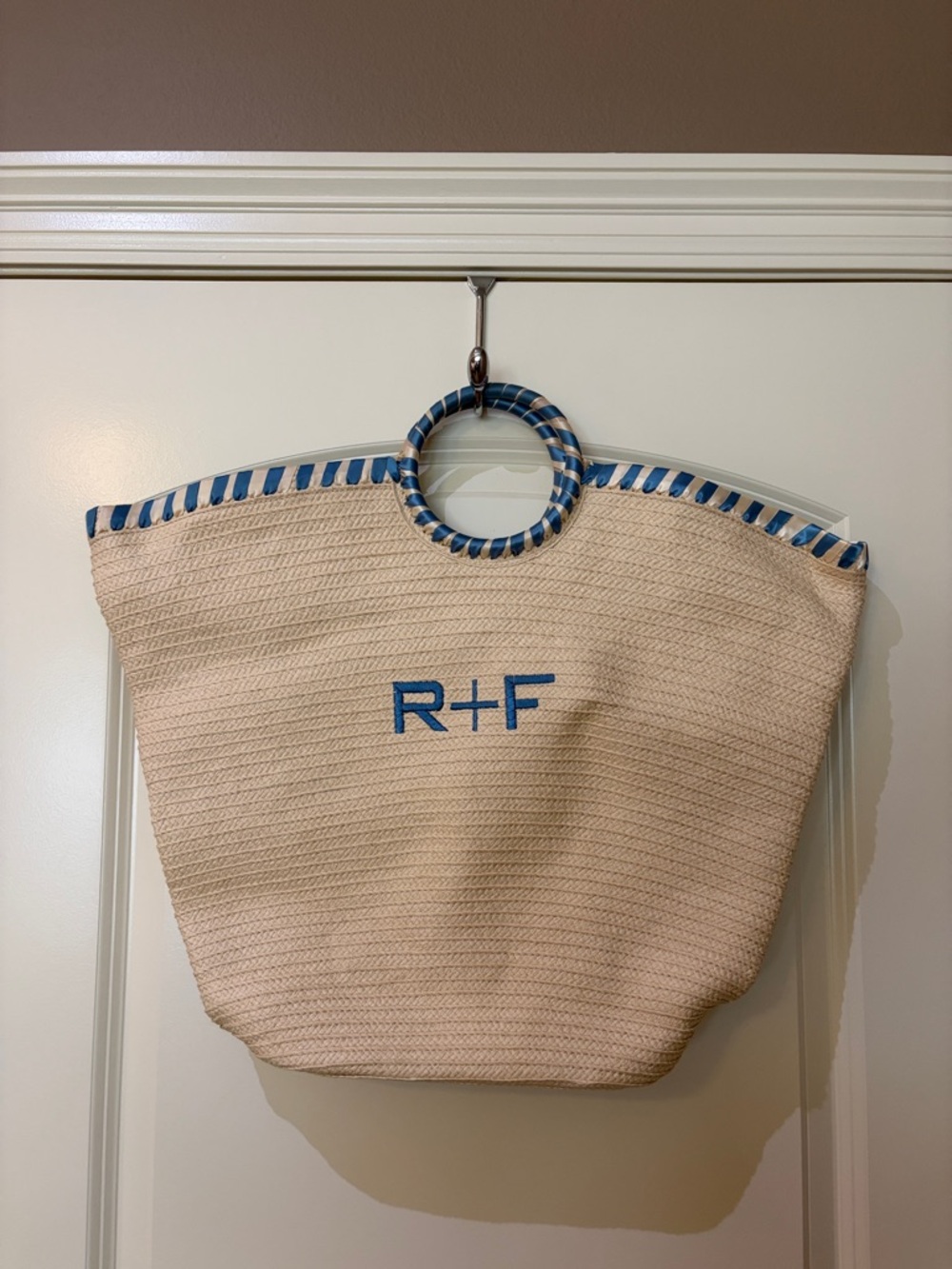 R+F Beige Straw Tote with Blue Trim